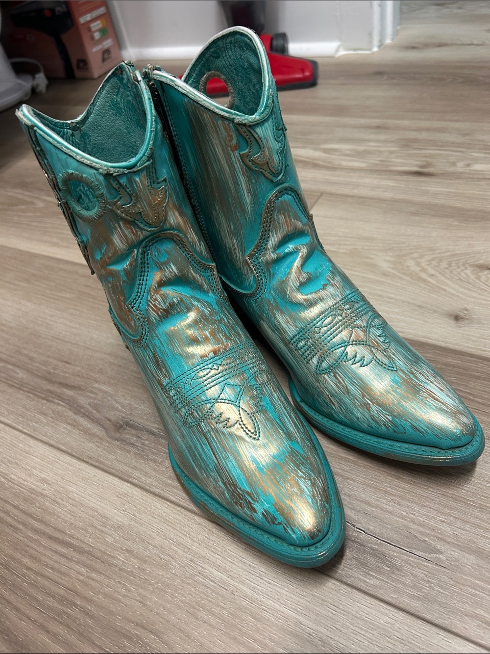 Teal Metallic Western Ankle Boots - Women's Fashion Boots
